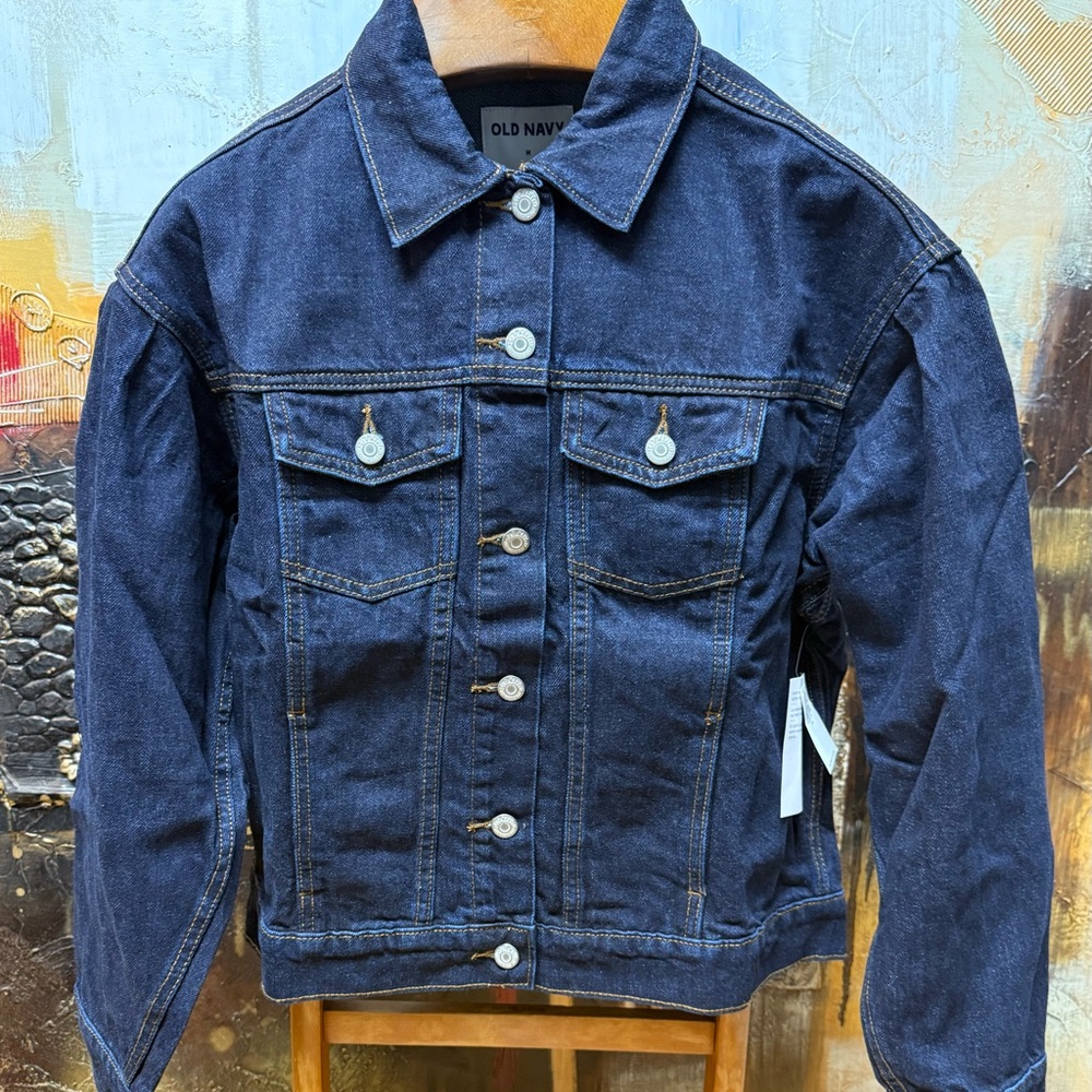Women’s Old Navy Dark Blue Puff-Sleeve Classic Non-Stretch Jean Jacket